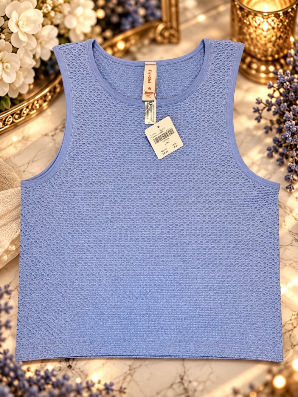 Free People Blue Mesh Knit Tank Top L/XL NWT Cropped Sleeveless